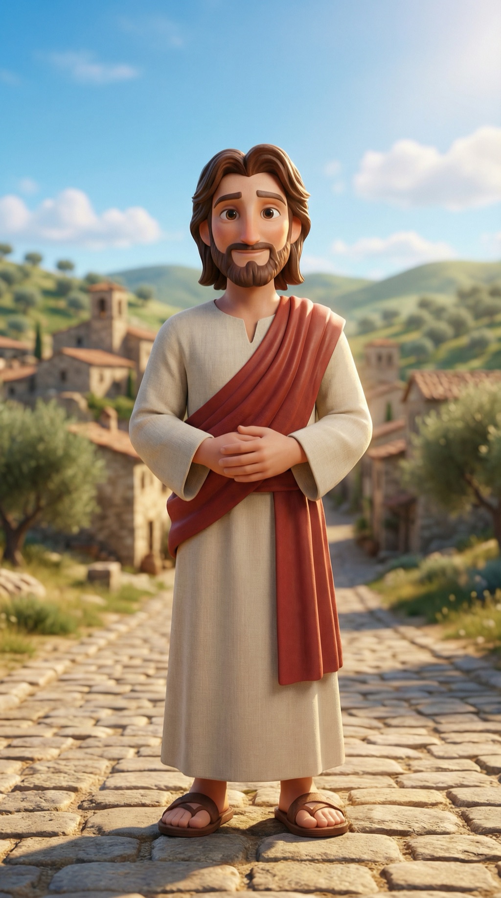 The Call Jesus character — a warm, friendly 3D illustration of Jesus on a sunlit Mediterranean village street
