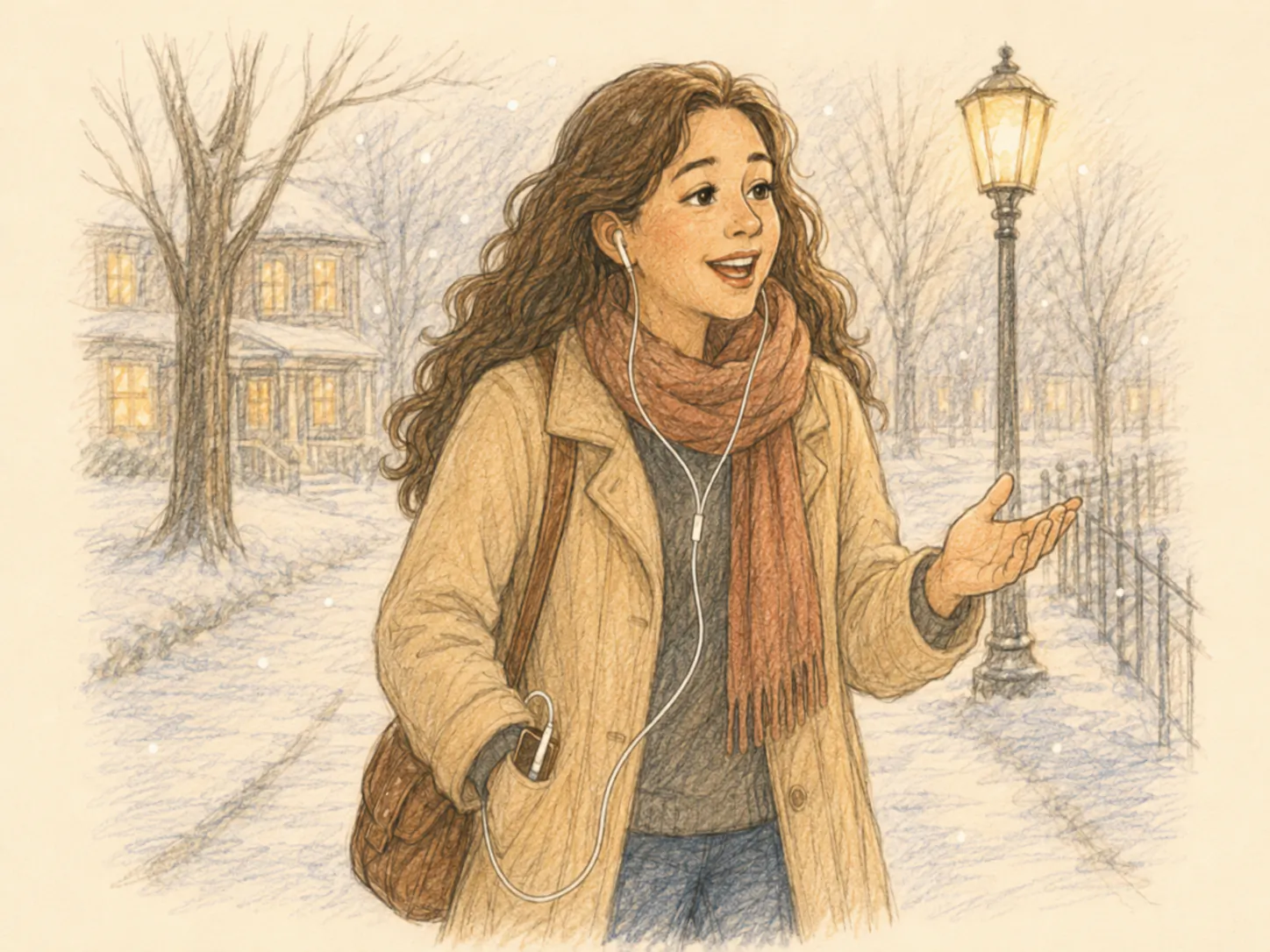 Young woman in a winter coat walking alone on a snowy sidewalk at dusk, wired earbuds running from her phone to her ears, mid-call.