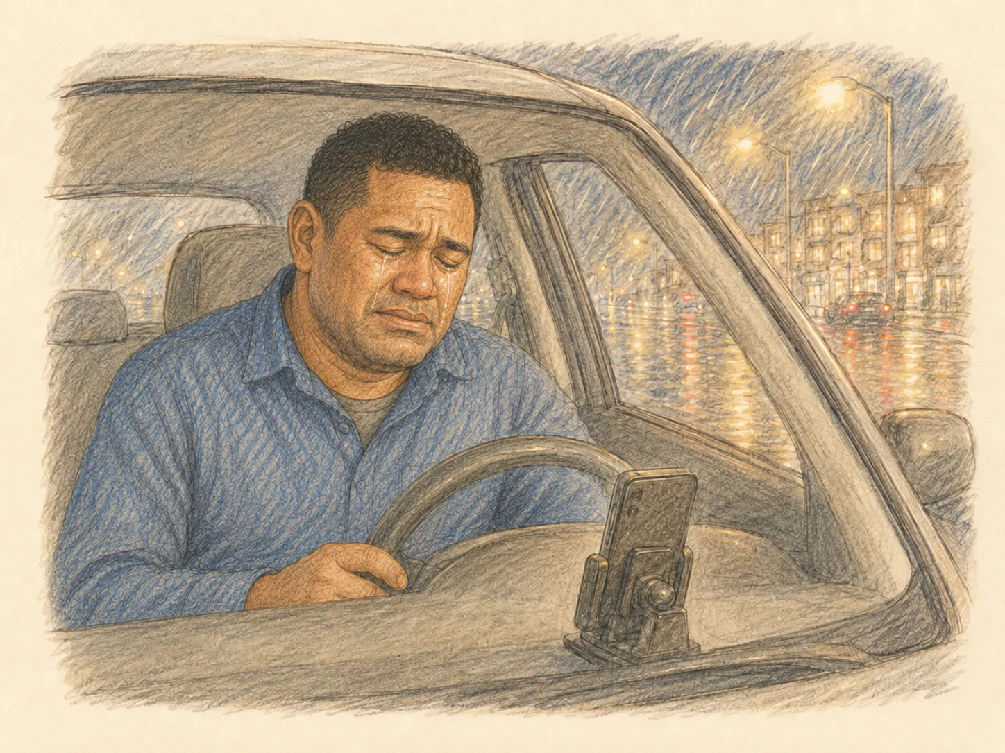 Man crying in his car at night with his phone propped on the dashboard, mid-call to Jesus.