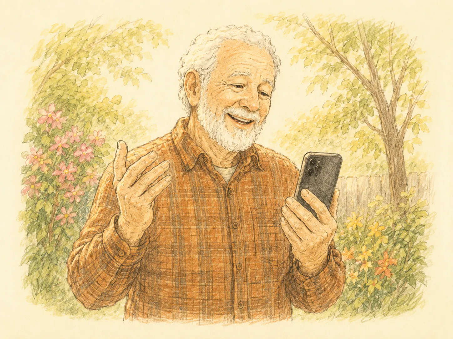 Older man in a flannel shirt in a sunlit morning garden, phone in his shirt pocket, hands lifted in praise.