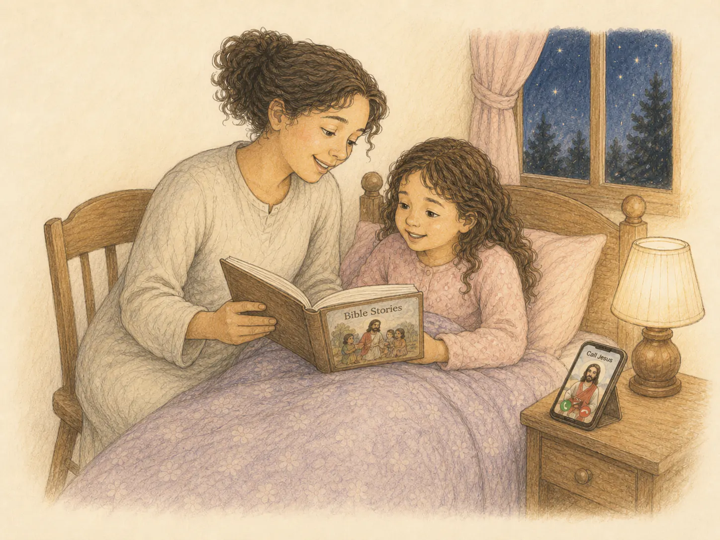 Mother reading an illustrated Bible to her child at bedtime; phone on the nightstand shows the Call Jesus app.