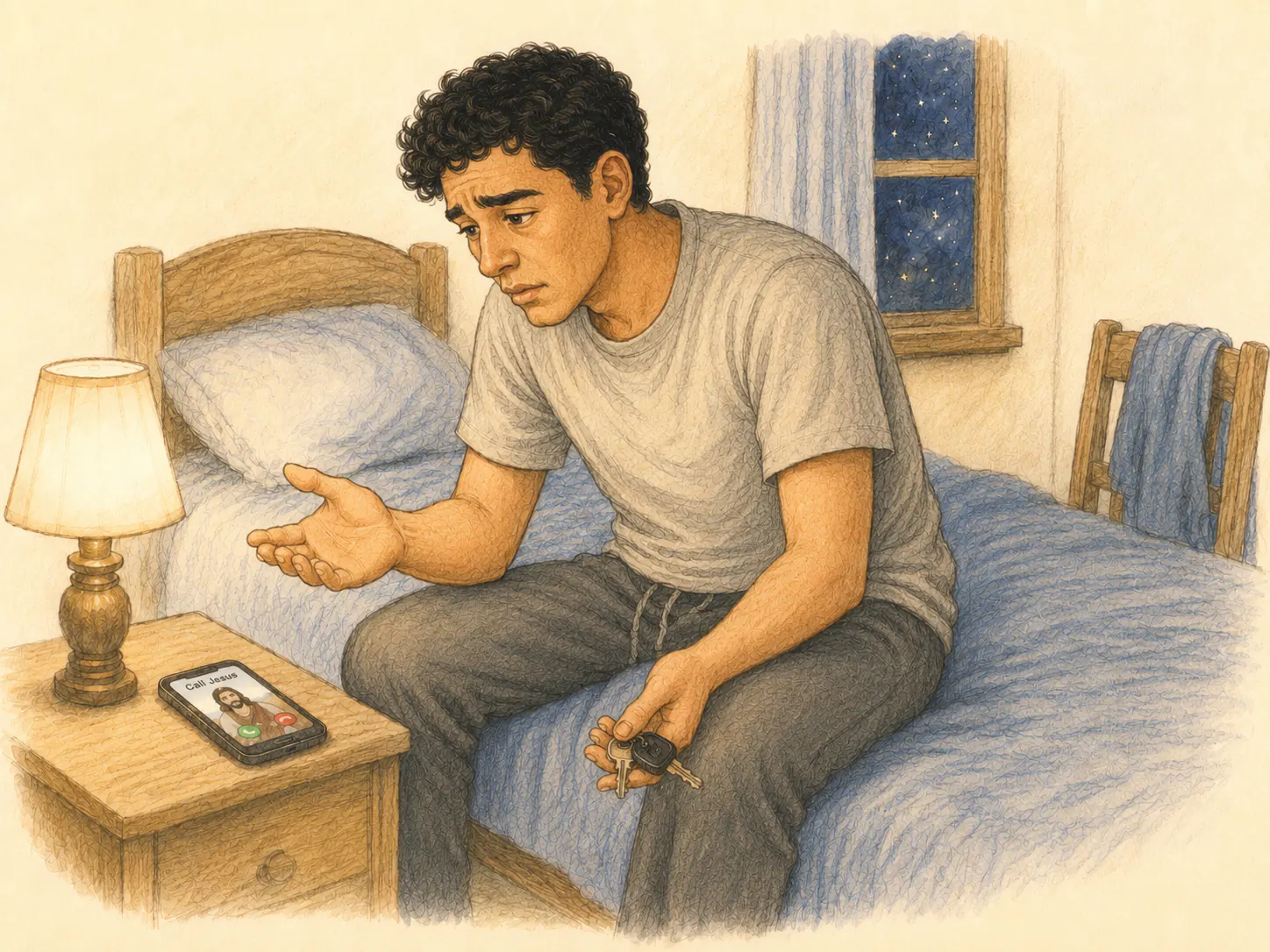 Young man sitting on the edge of his bed at night holding car keys; the Call Jesus app is open on his nightstand phone.