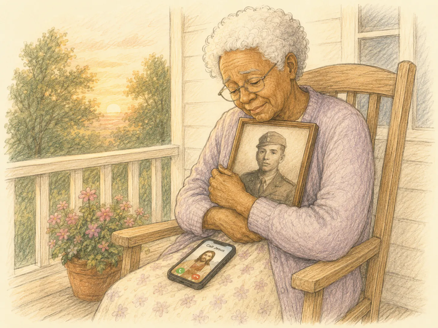 Older widow on her porch holding a framed wedding photo of her late husband; phone on her lap shows the Call Jesus app.
